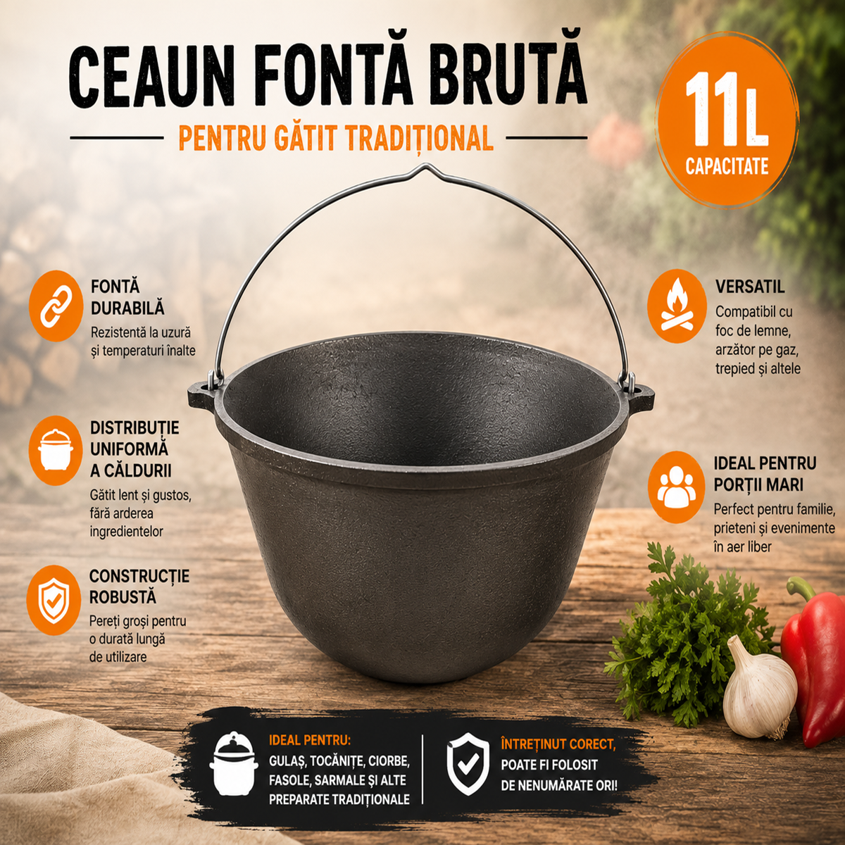 Ceaun Fonta Bruta 11L pentru Gatit Traditional la Foc sau Gaz