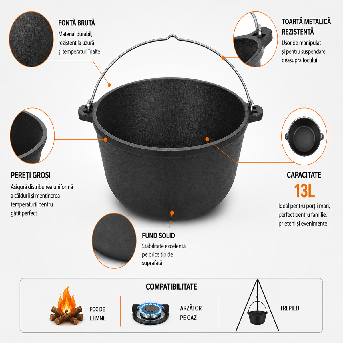 Ceaun Fonta Bruta 13L pentru Gatit Traditional la Foc sau Gaz