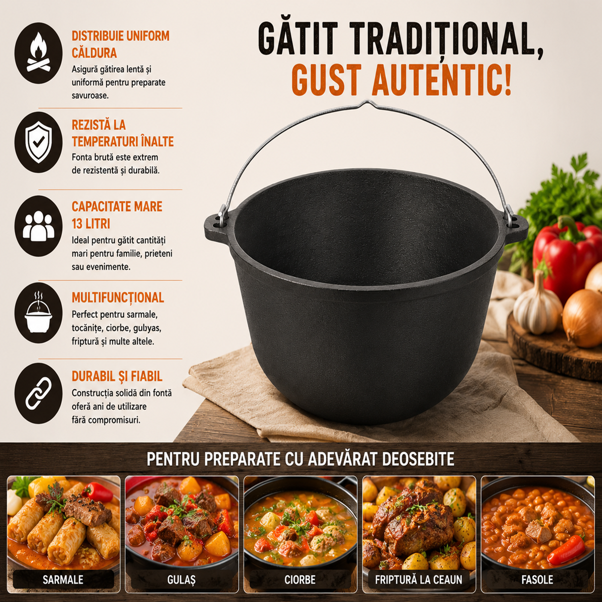 Ceaun Fonta Bruta 13L pentru Gatit Traditional la Foc sau Gaz