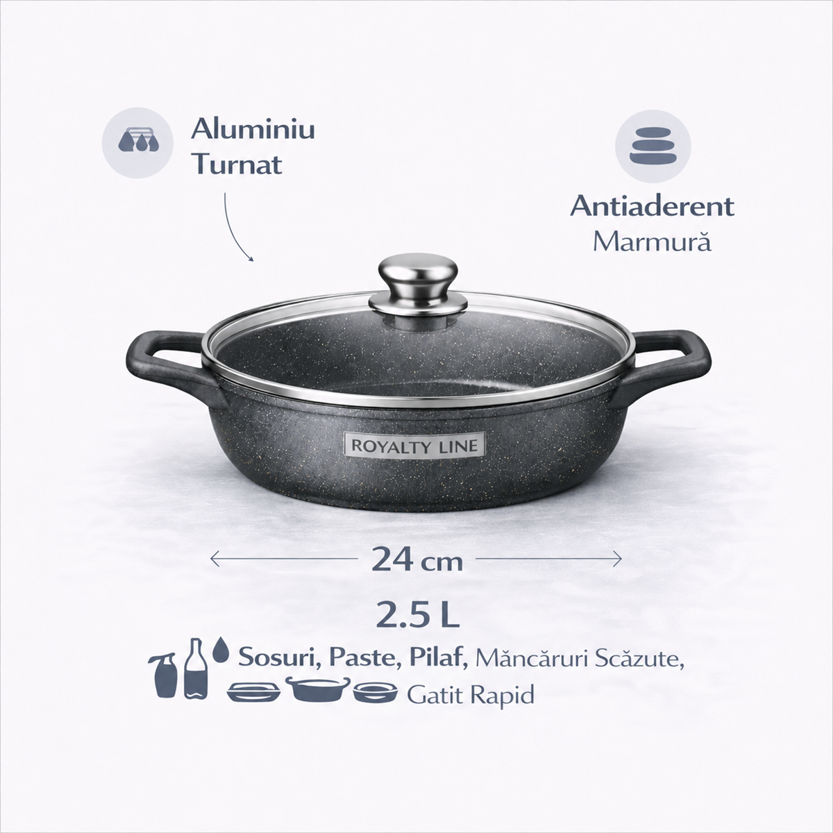 Oala Joasa din Aluminiu Turnat 24 cm, 2.5L, Acoperire Marmura, Capac Sticla, Royalty Line