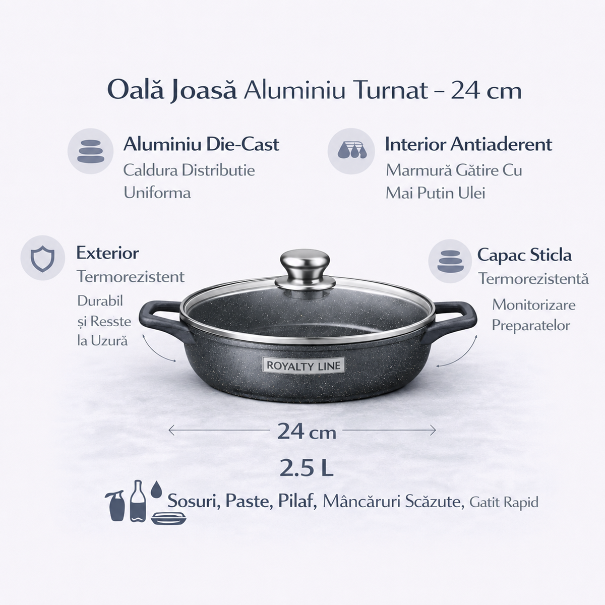 Oala Joasa din Aluminiu Turnat 24 cm, 2.5L, Acoperire Marmura, Capac Sticla, Royalty Line