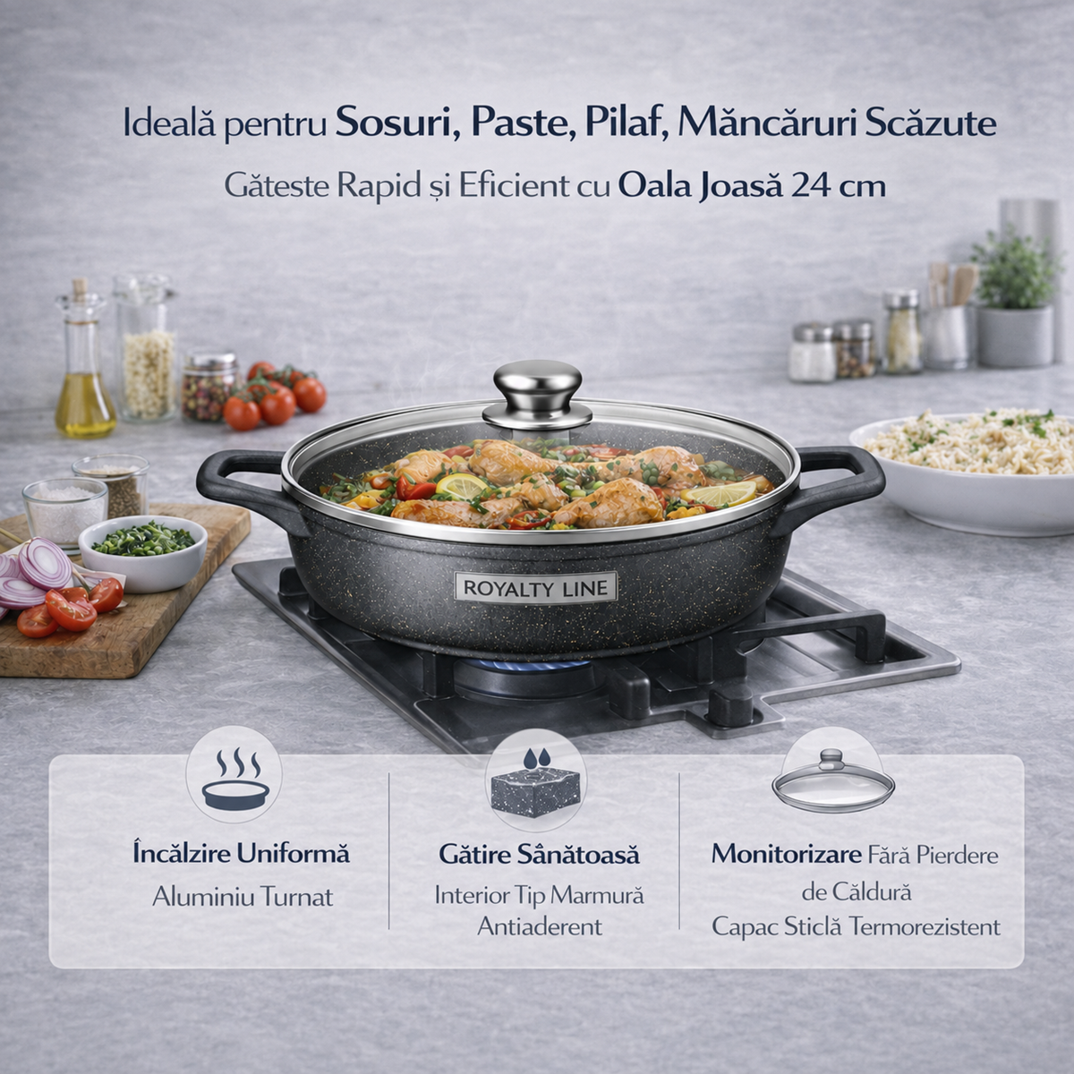 Oala Joasa din Aluminiu Turnat 24 cm, 2.5L, Acoperire Marmura, Capac Sticla, Royalty Line