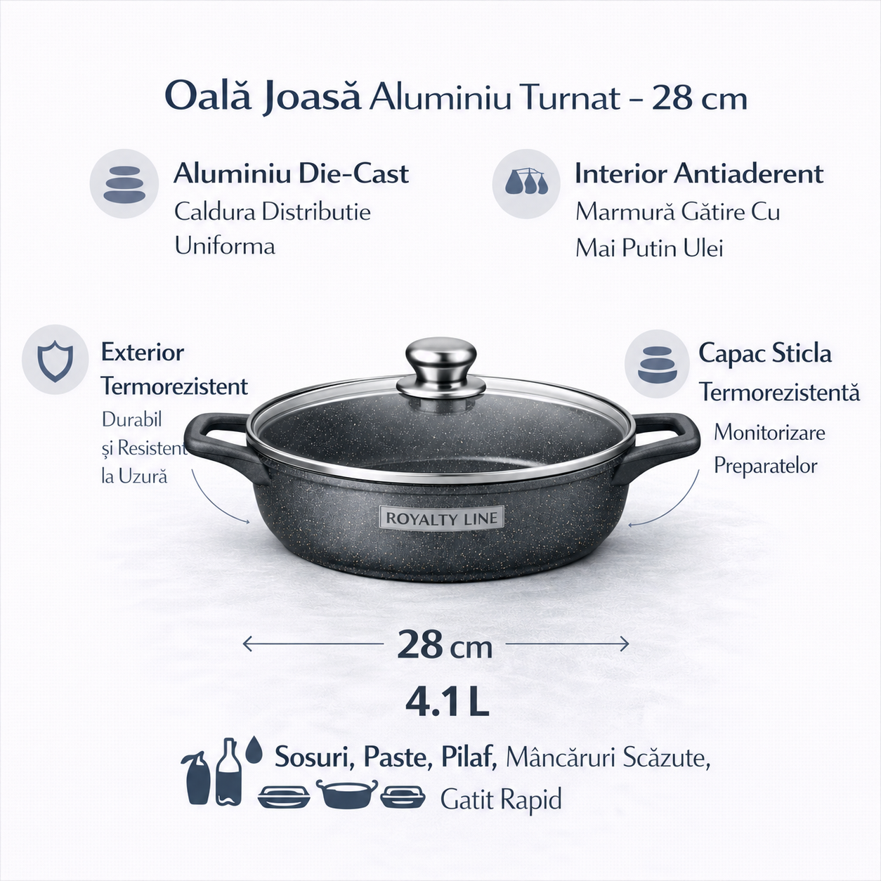 Oala Joasa din Aluminiu Turnat 28 cm, 4.1L, Acoperire Marmura, Capac Sticla, Royalty Line