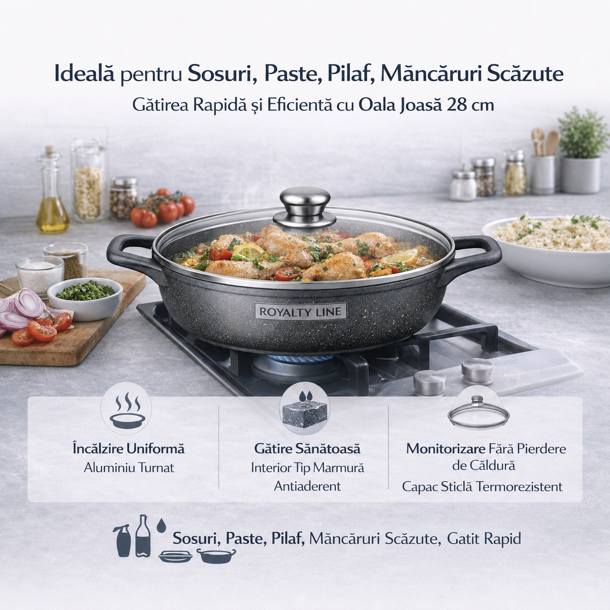 Oala Joasa din Aluminiu Turnat 28 cm, 4.1L, Acoperire Marmura, Capac Sticla, Royalty Line
