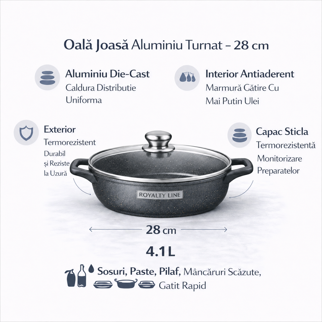 Oala Joasa din Aluminiu Turnat 28 cm, 4.1L, Acoperire Marmura, Capac Sticla, Royalty Line