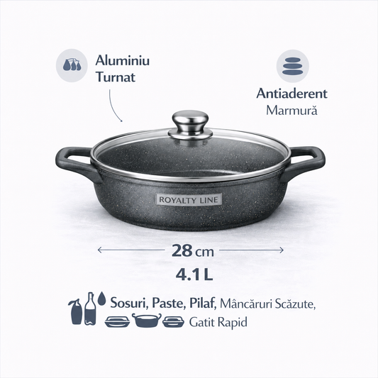 Oala Joasa din Aluminiu Turnat 28 cm, 4.1L, Acoperire Marmura, Capac Sticla, Royalty Line