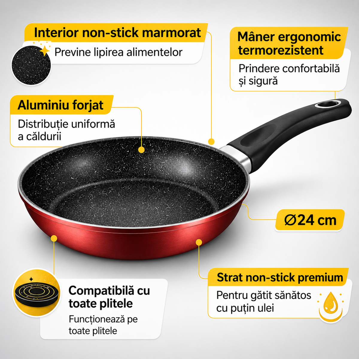 Tigaie Royalty Line 24 cm, Aluminiu Forjat, Interior Marmorat, Compatibila Inductie