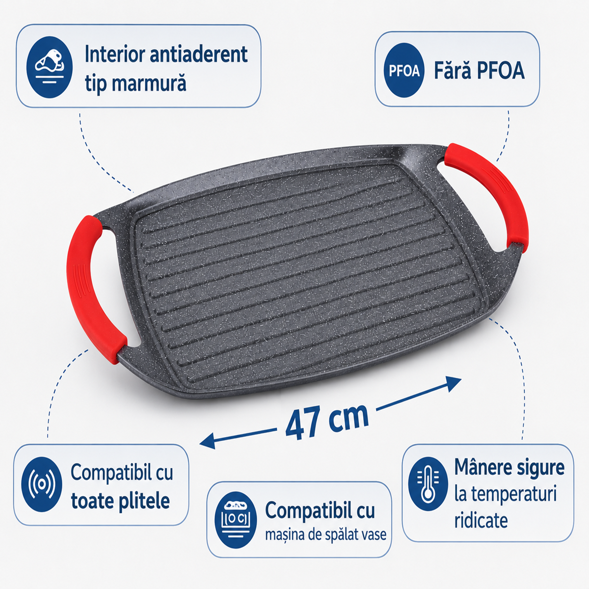 Tigaie Grill Dreptunghiulara 47 cm, Strat Marmura, Compatibila Inductie, Royalty Line
