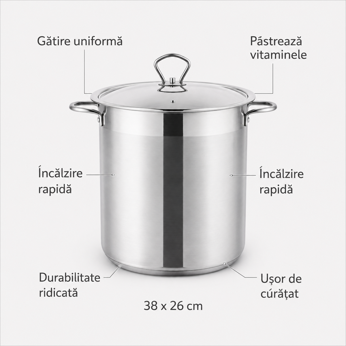Oala Inox Royalty Line 38 x 26 cm cu Capac Metalic, Capacitate Mare