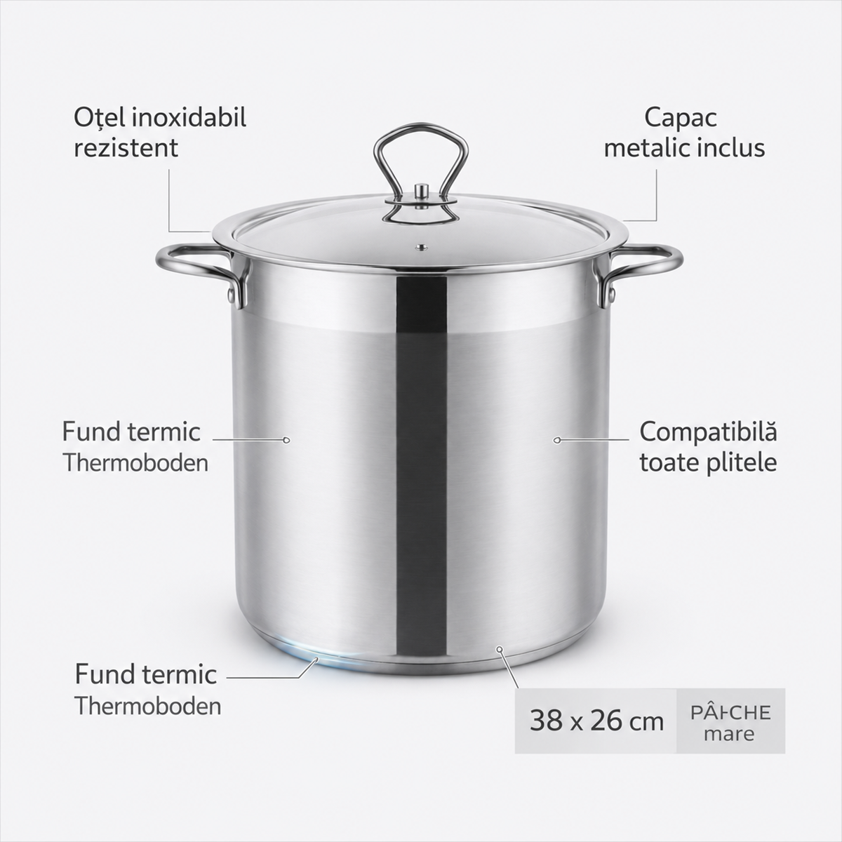Oala Inox Royalty Line 38 x 26 cm cu Capac Metalic, Capacitate Mare