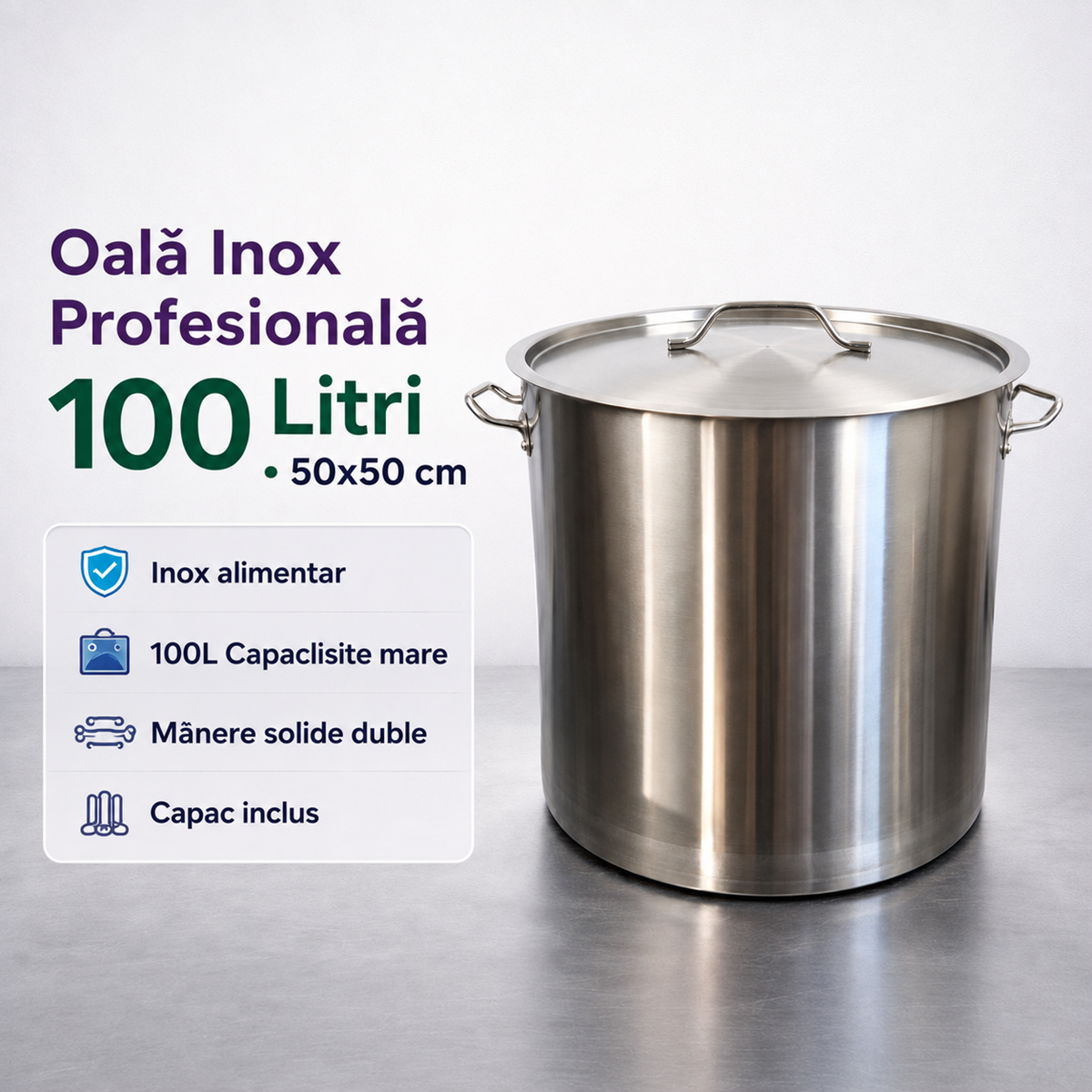 Oala Profesionala Inox 100L, 50 x 50 cm, Capac Inclus, Horeca Catering