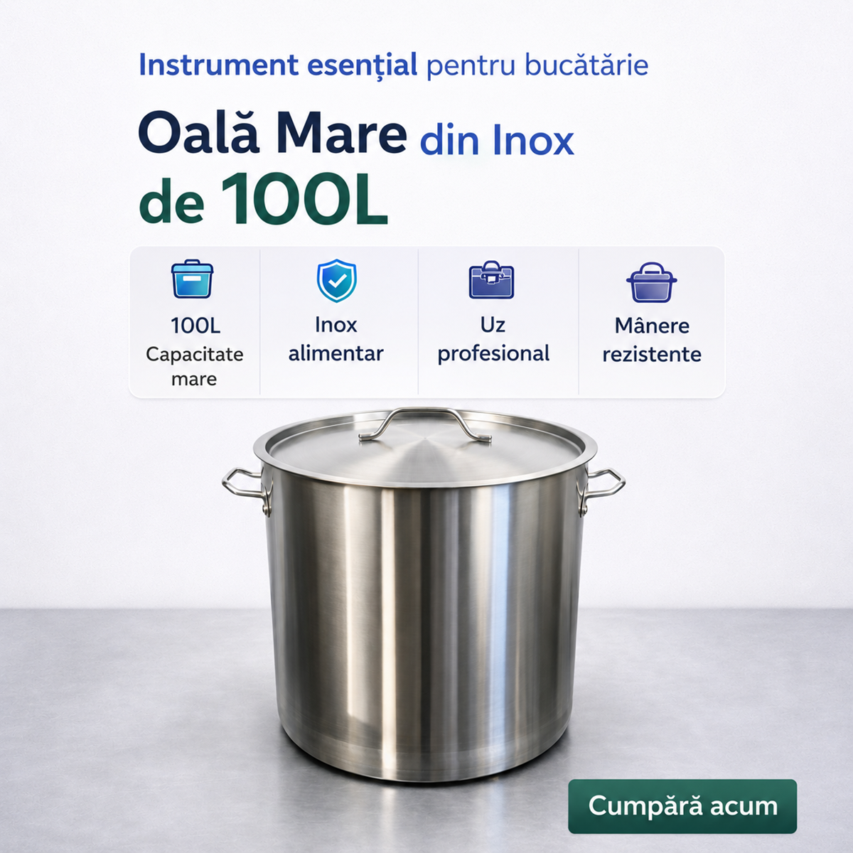 Oala Profesionala Inox 100L, 50 x 50 cm, Capac Inclus, Horeca Catering