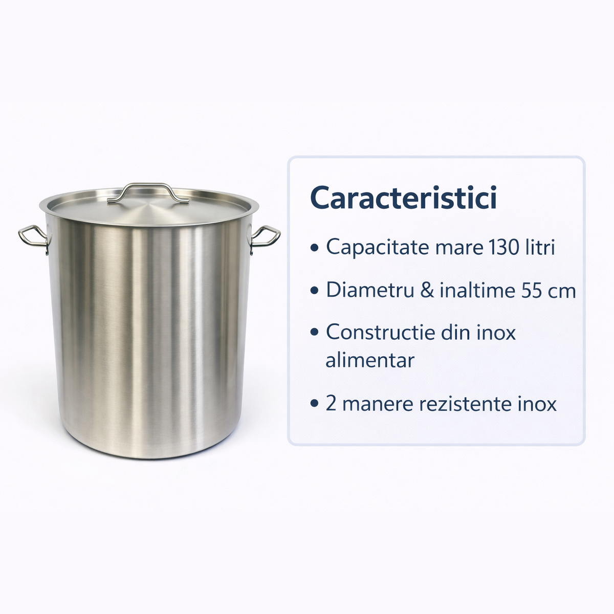 Oala Profesionala Inox 130L, 55 x 55 cm, Capac Inox, Pentru Gatit Intensiv