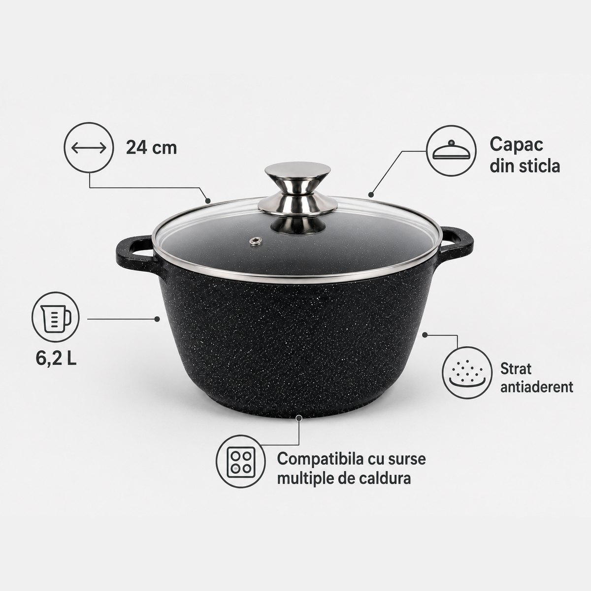 Oala Marmorata 24 cm, 6.2L, cu Capac Sticla Termorezistenta