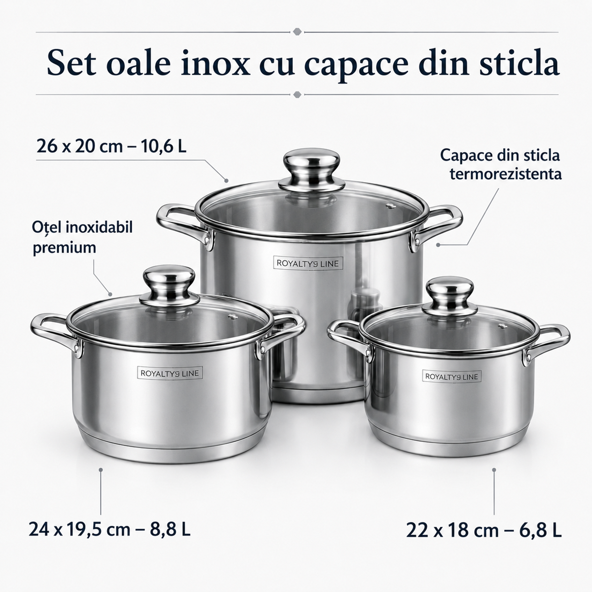 Set Oale Inox Premium, 6 Piese, Capace Sticla Termorezistenta, Royalty Line