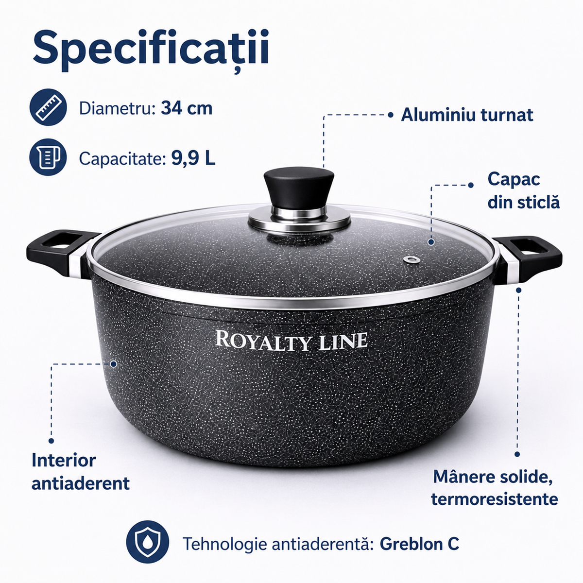 Oala Aluminiu Turnat 9.9L, 34 cm, Capac Sticla, Antiaderenta Marmura
