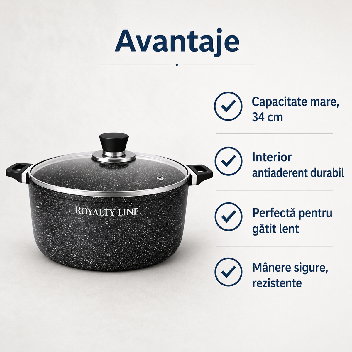Oala Aluminiu Turnat 9.9L, 34 cm, Capac Sticla, Antiaderenta Marmura