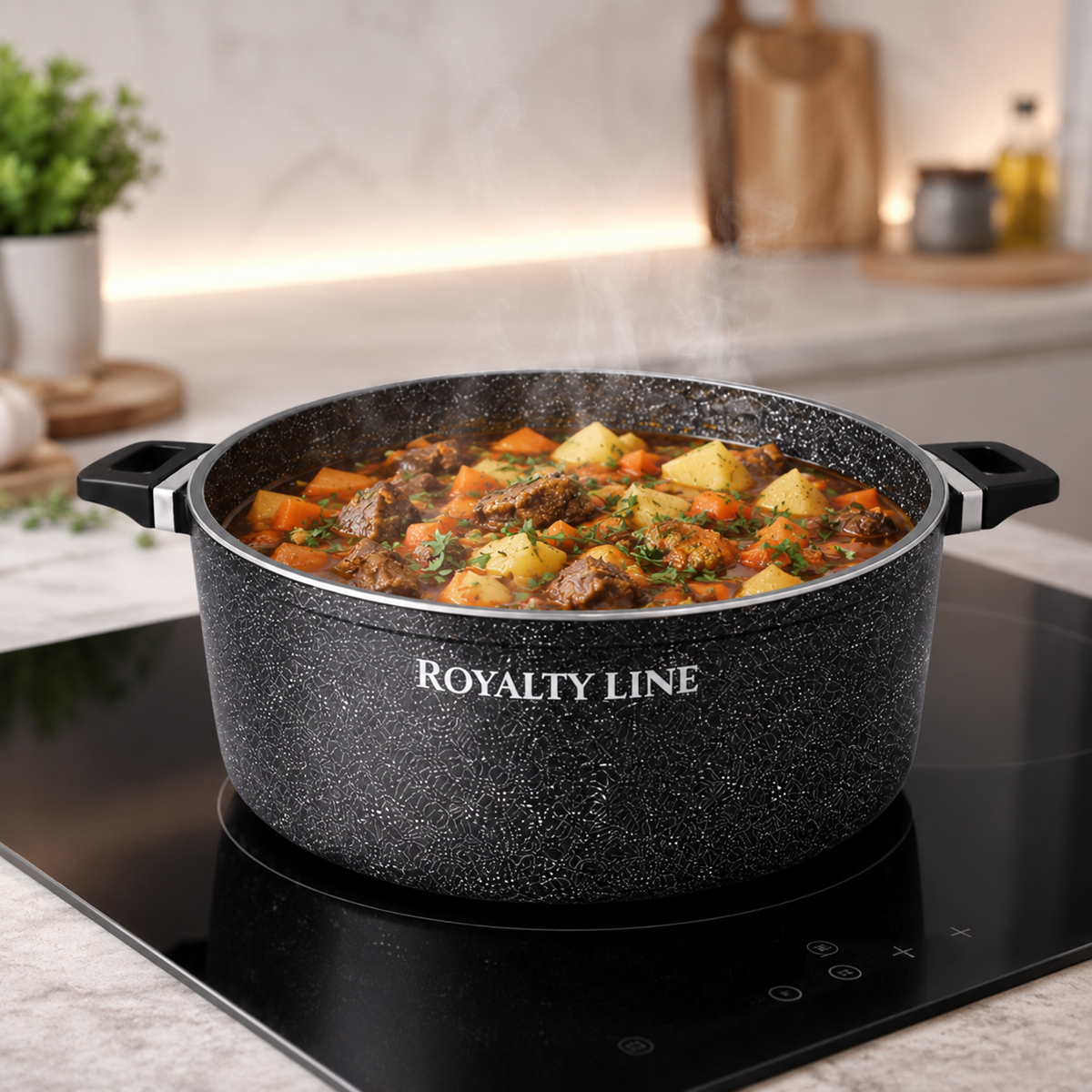 Oala Aluminiu Turnat 9.9L, 34 cm, Capac Sticla, Antiaderenta Marmura