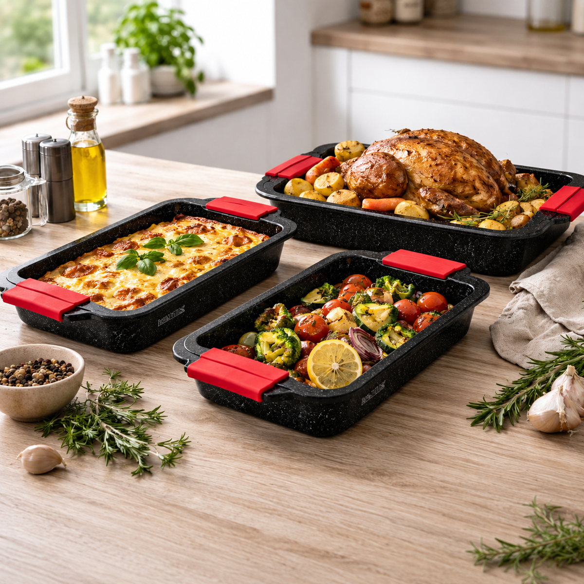 Set 3 Tavi de Copt cu Strat Granit, S/M/L, Antiaderente, PFOA Free