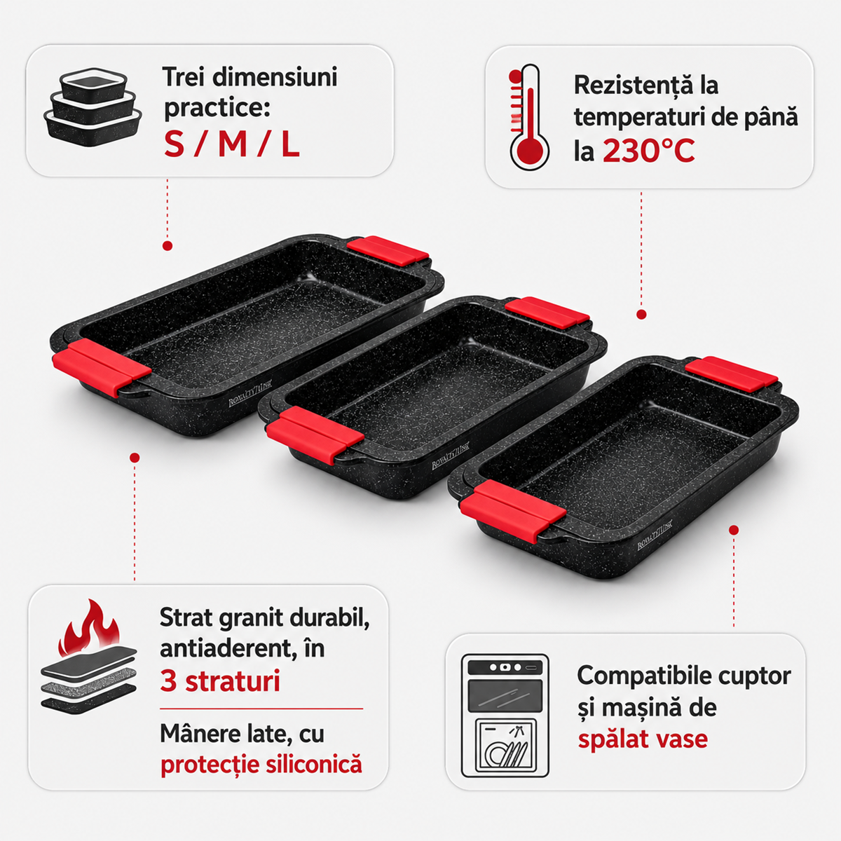 Set 3 Tavi de Copt cu Strat Granit, S/M/L, Antiaderente, PFOA Free