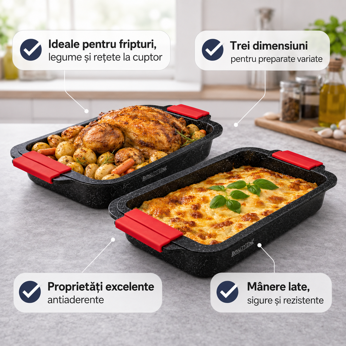 Set 3 Tavi de Copt cu Strat Granit, S/M/L, Antiaderente, PFOA Free