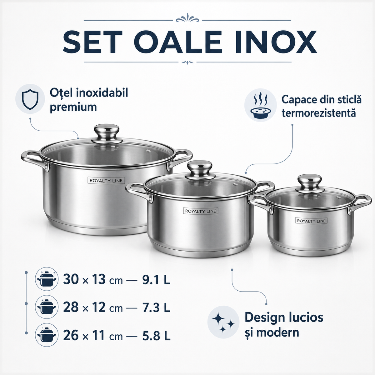 Set oale inox 6 piese, 3 oale cu capace, 5.8L, 7.3L si 9.1L
