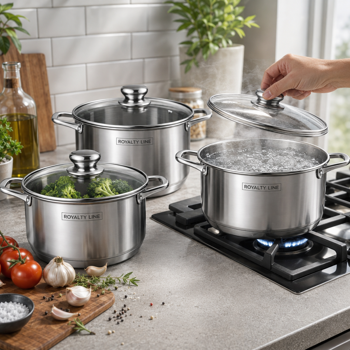 Set oale inox 6 piese, 3 oale cu capace, 5.8L, 7.3L si 9.1L