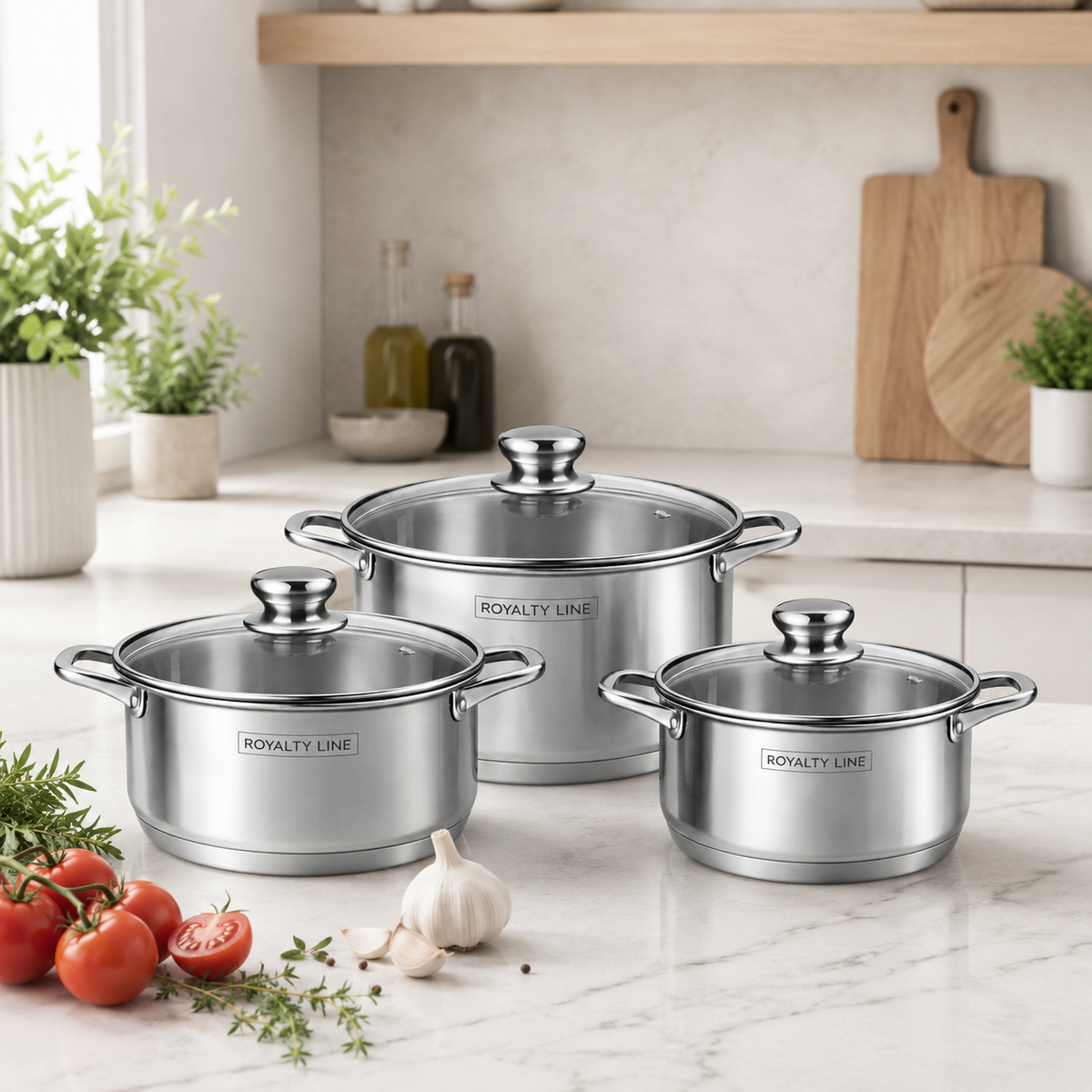 Set oale inox 6 piese, 3 oale cu capace, 5.8L, 7.3L si 9.1L