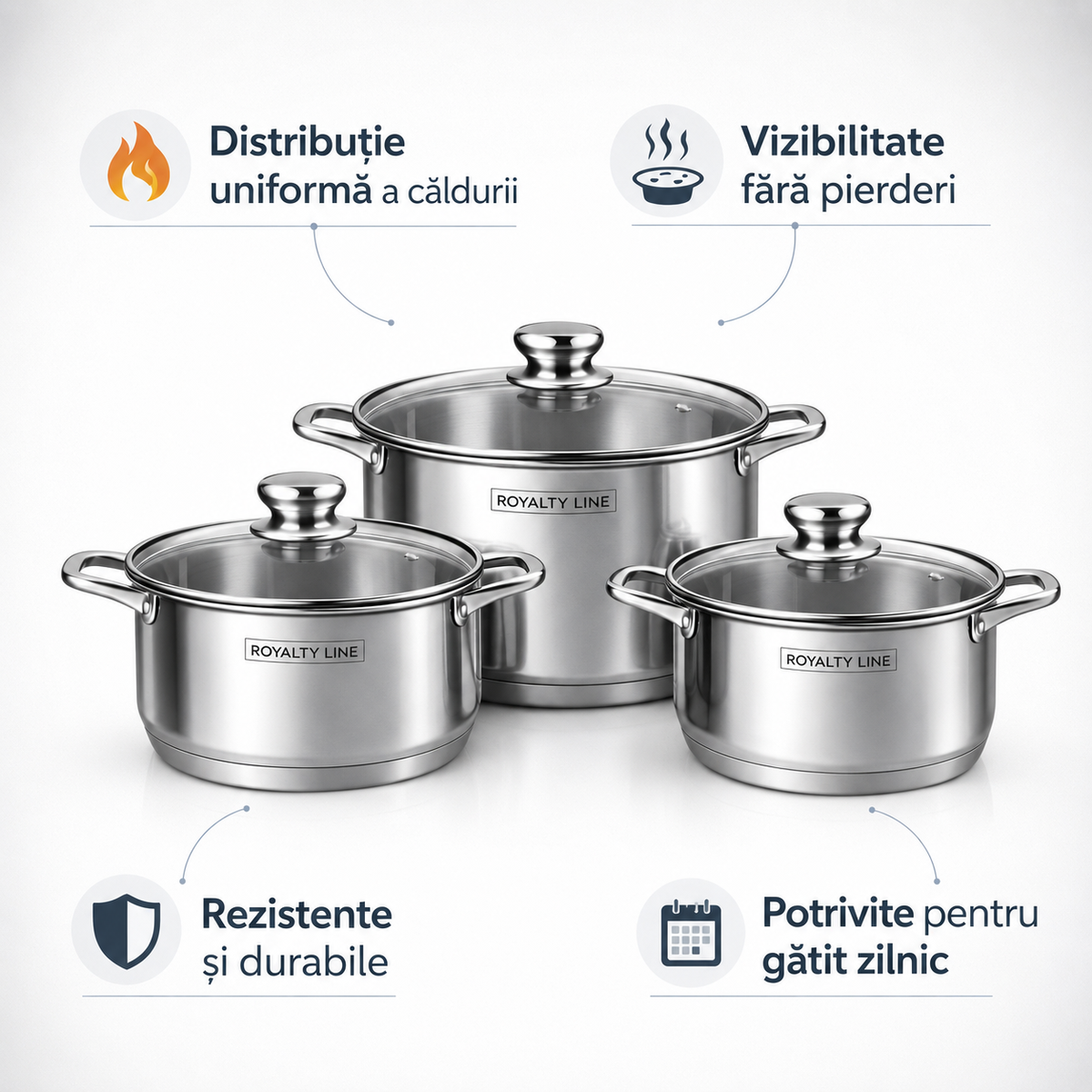 Set oale inox 6 piese, 3 oale cu capace, 5.8L, 7.3L si 9.1L