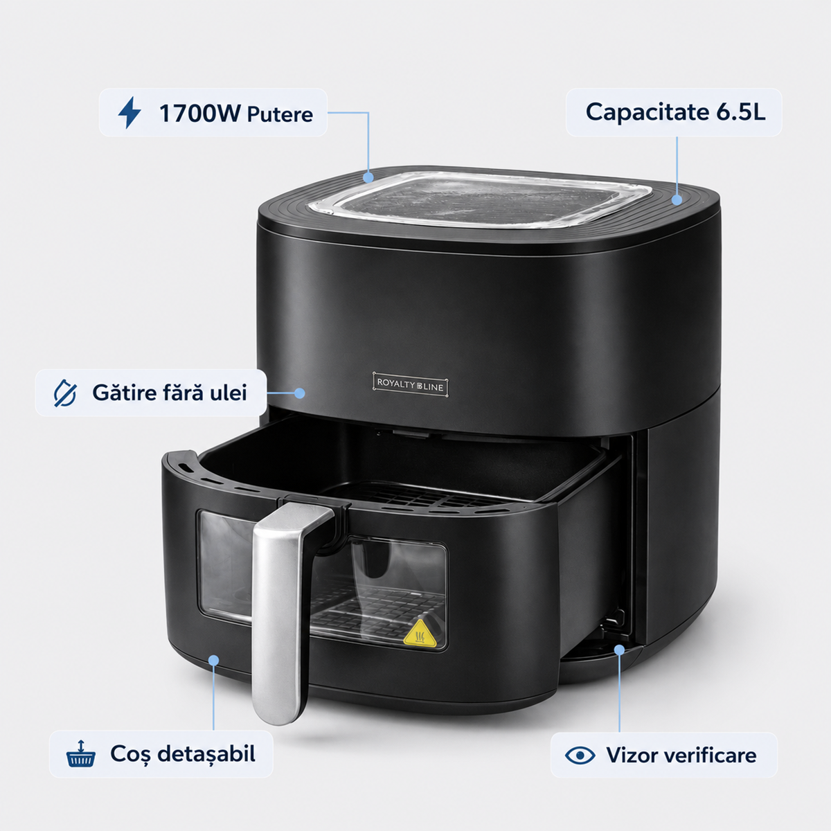Friteuza cu Aer Cald Royalty Line 6.5L, 1700W, Air Fryer, Gatire fara Ulei