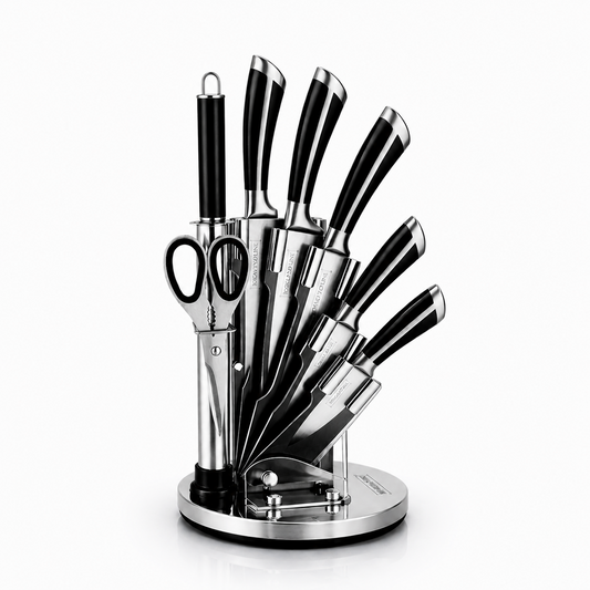 Set Cutite Bucatarie Royalty Line, 8 Piese, Inox, Suport Rotativ 360°