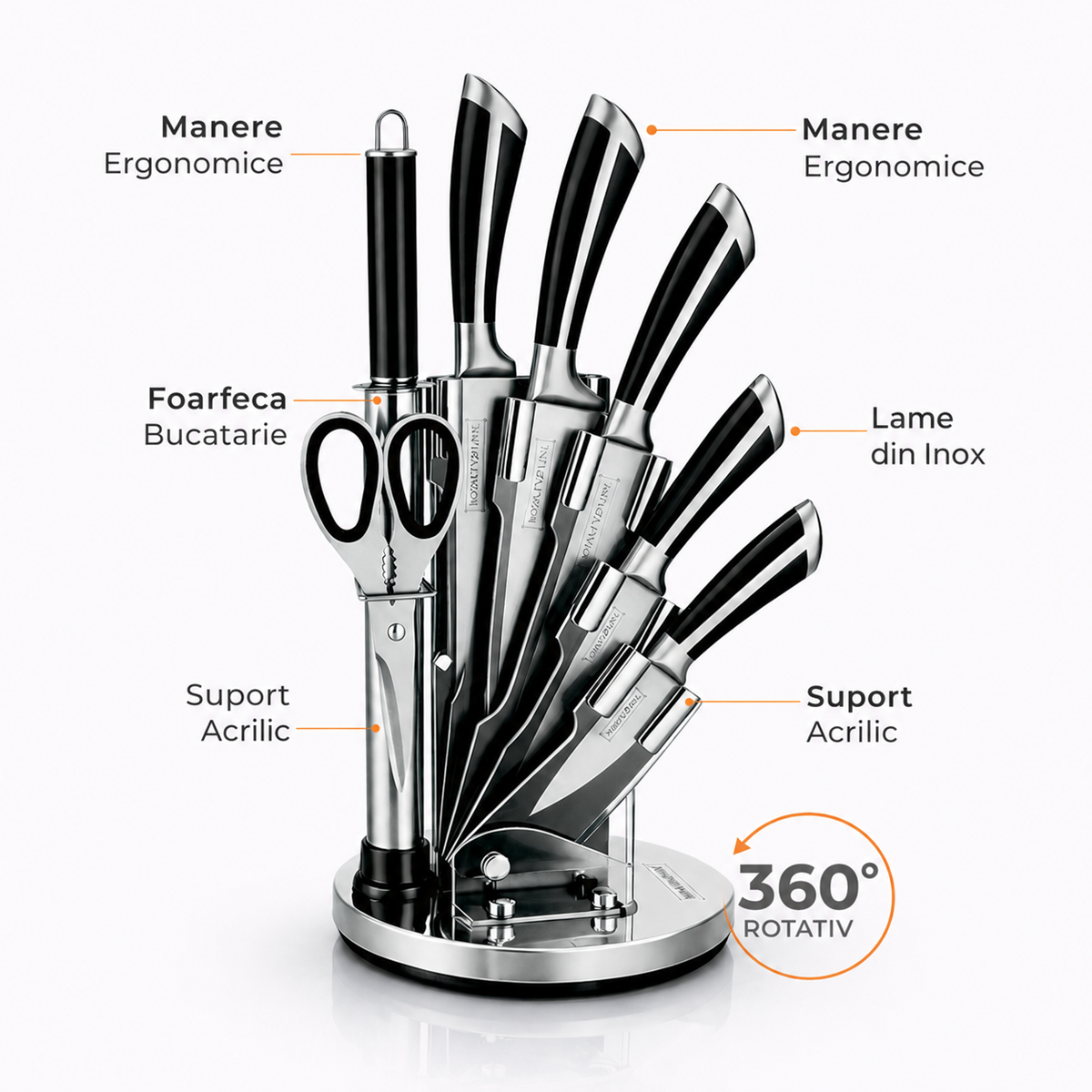 Set Cutite Bucatarie Royalty Line, 8 Piese, Inox, Suport Rotativ 360°