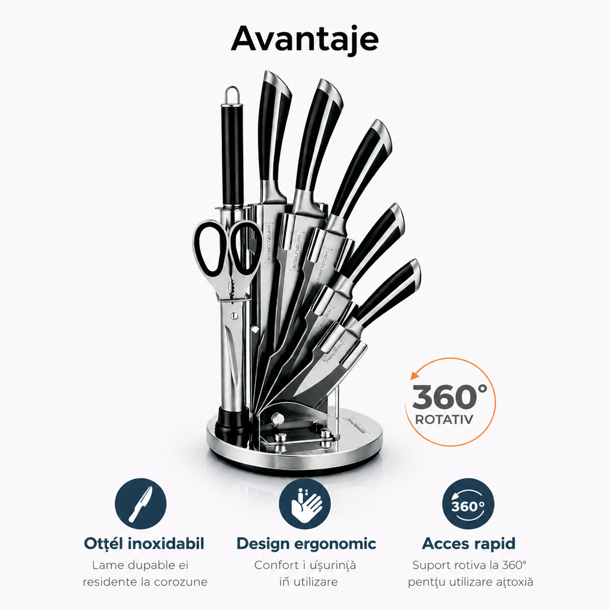Set Cutite Bucatarie Royalty Line, 8 Piese, Inox, Suport Rotativ 360°