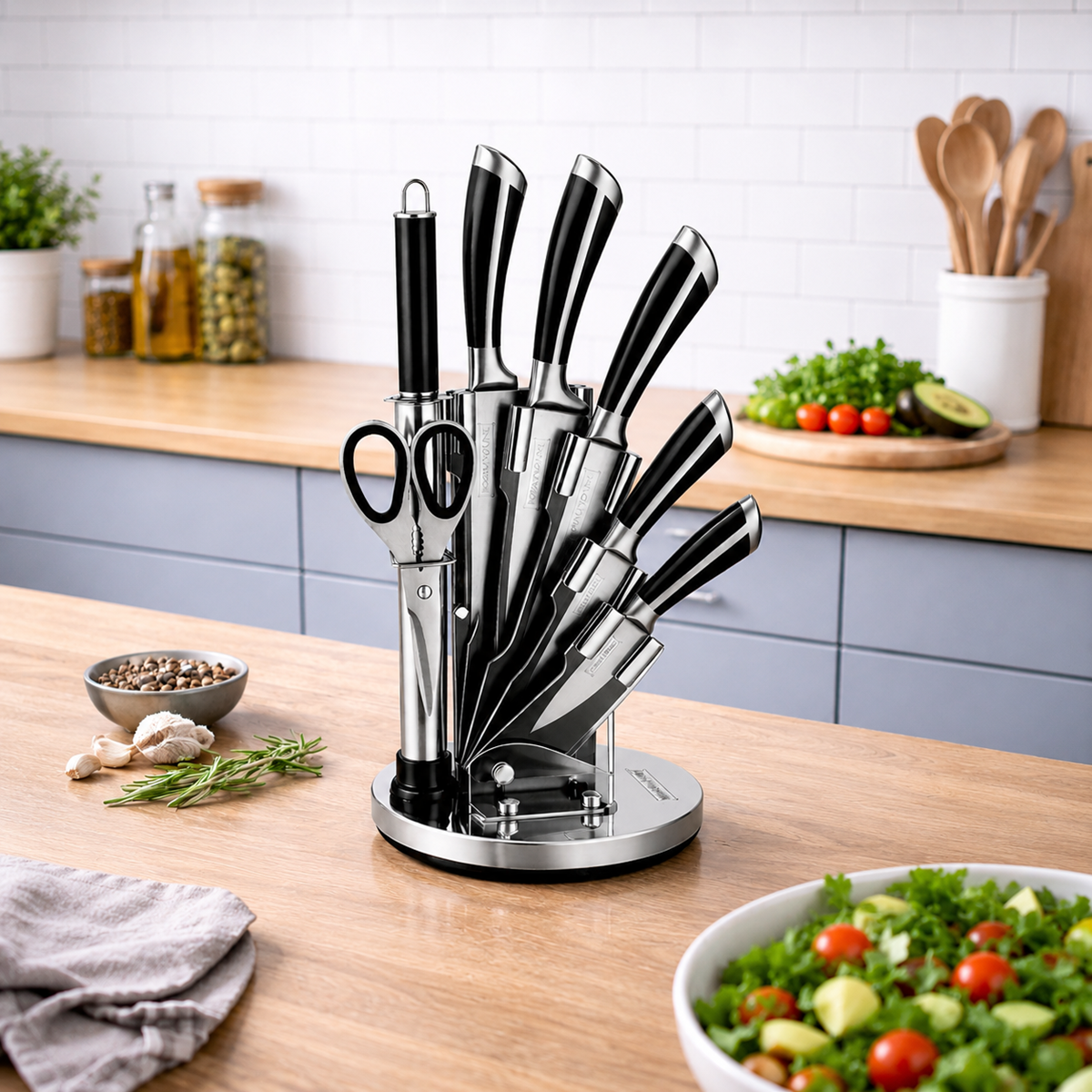 Set Cutite Bucatarie Royalty Line, 8 Piese, Inox, Suport Rotativ 360°
