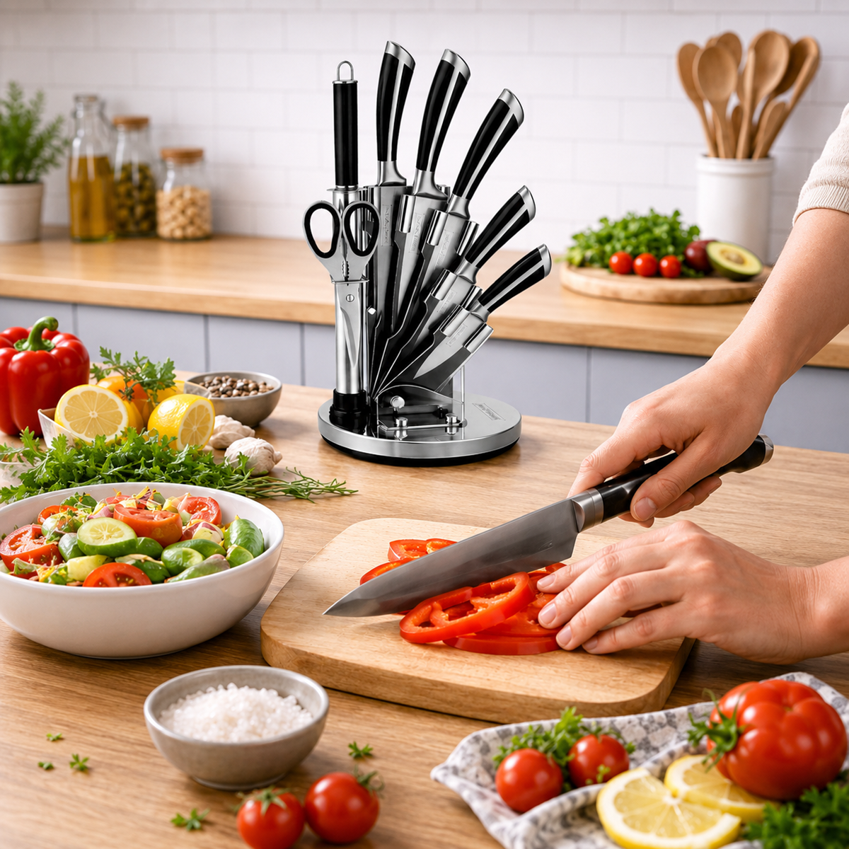 Set Cutite Bucatarie Royalty Line, 8 Piese, Inox, Suport Rotativ 360°