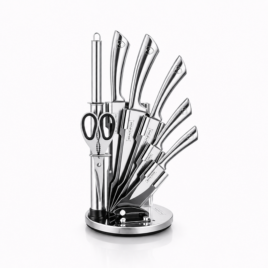 Set Cutite Bucatarie Royalty Line, 8 Piese, Inox, Suport Rotativ 360