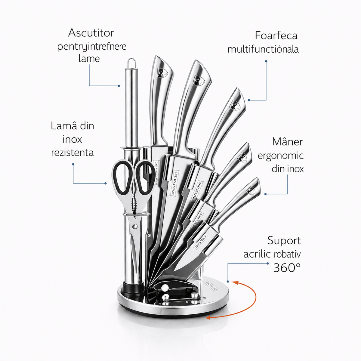 Set Cutite Bucatarie Royalty Line, 8 Piese, Inox, Suport Rotativ 360