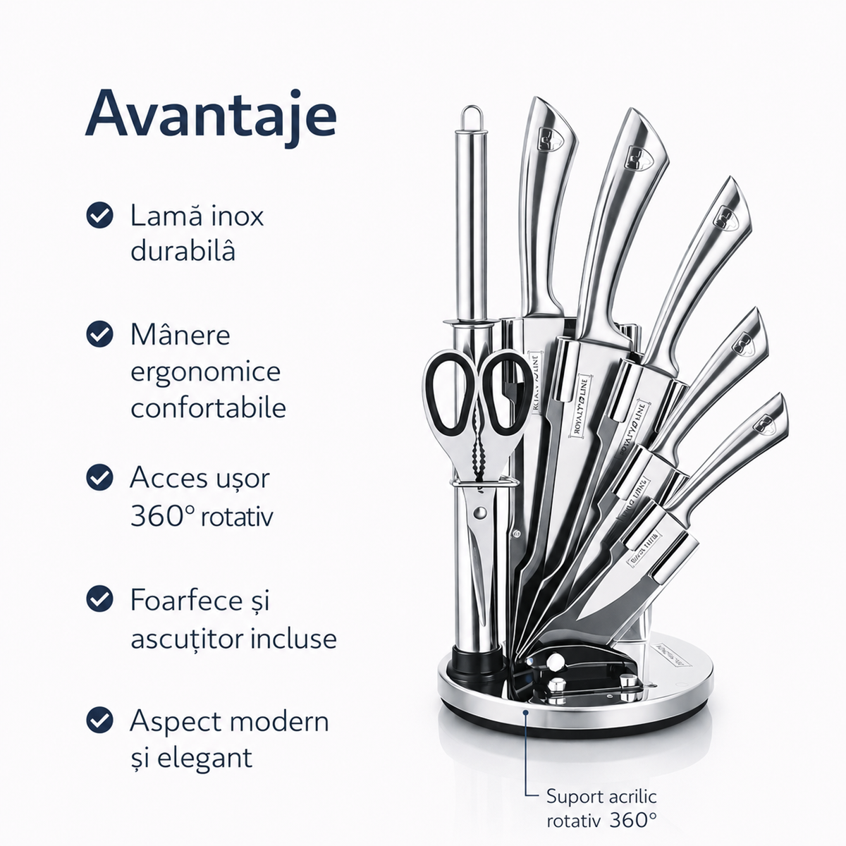 Set Cutite Bucatarie Royalty Line, 8 Piese, Inox, Suport Rotativ 360
