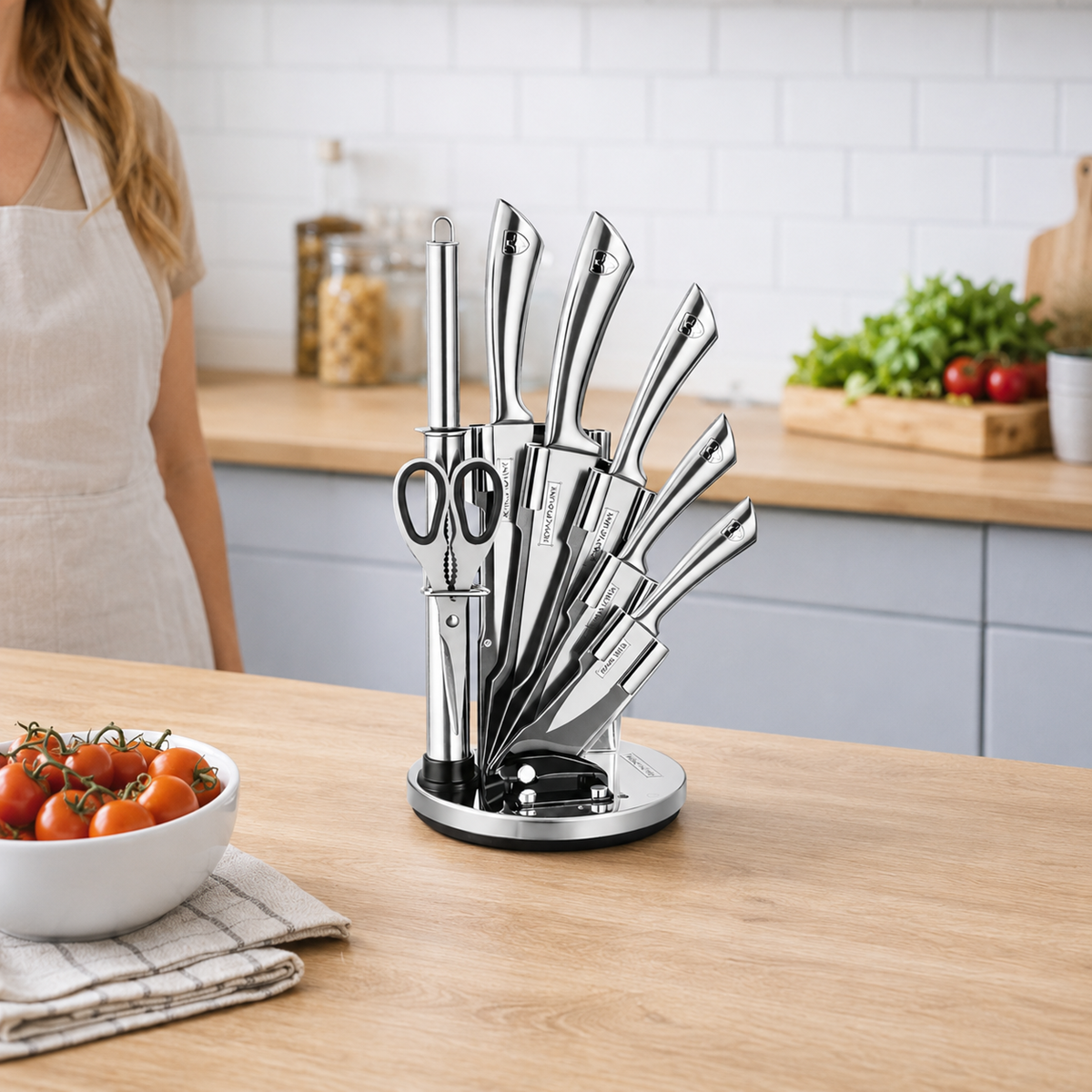 Set Cutite Bucatarie Royalty Line, 8 Piese, Inox, Suport Rotativ 360