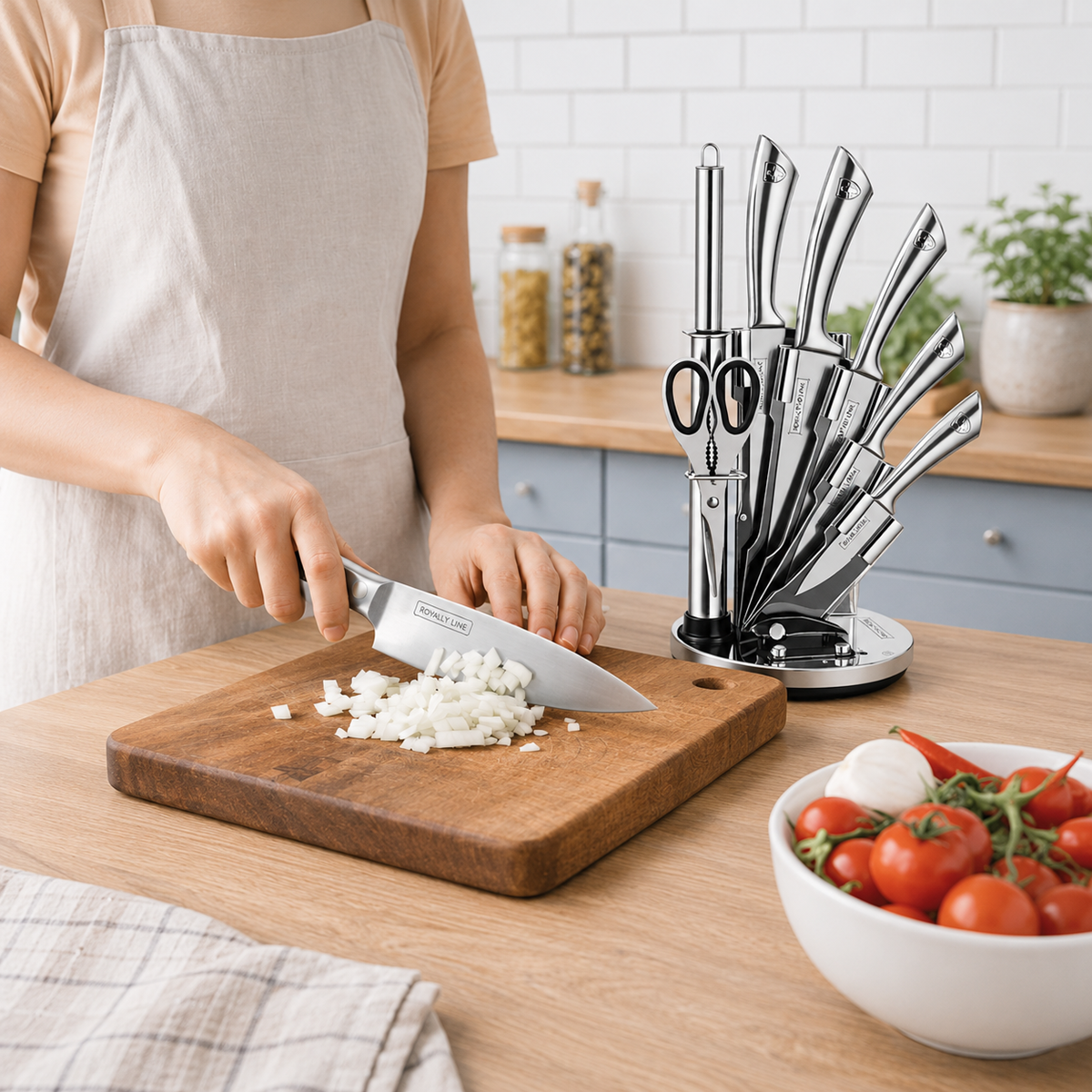 Set Cutite Bucatarie Royalty Line, 8 Piese, Inox, Suport Rotativ 360