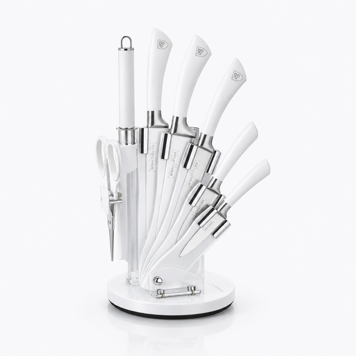 Set Cutite Bucatarie Royalty Line, 8 Piese, Inox, Suport Rotativ 360°, Alb