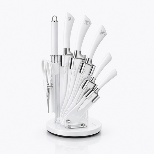 Set Cutite Bucatarie Royalty Line, 8 Piese, Inox, Suport Rotativ 360°, Alb