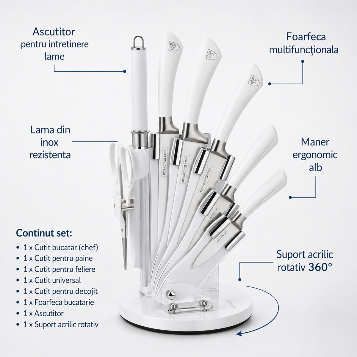 Set Cutite Bucatarie Royalty Line, 8 Piese, Inox, Suport Rotativ 360°, Alb
