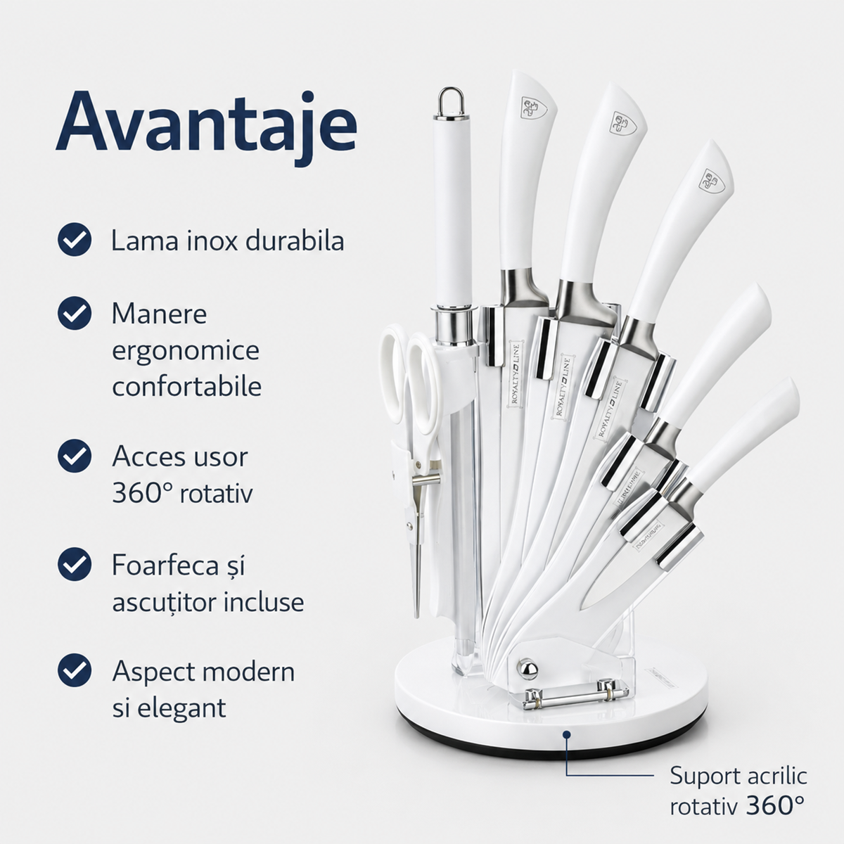 Set Cutite Bucatarie Royalty Line, 8 Piese, Inox, Suport Rotativ 360°, Alb