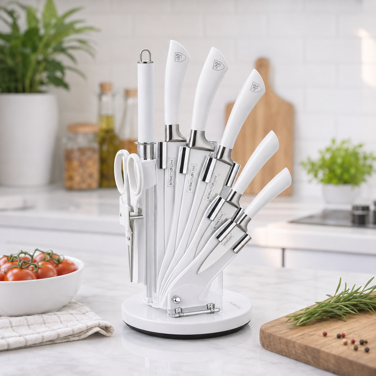 Set Cutite Bucatarie Royalty Line, 8 Piese, Inox, Suport Rotativ 360°, Alb
