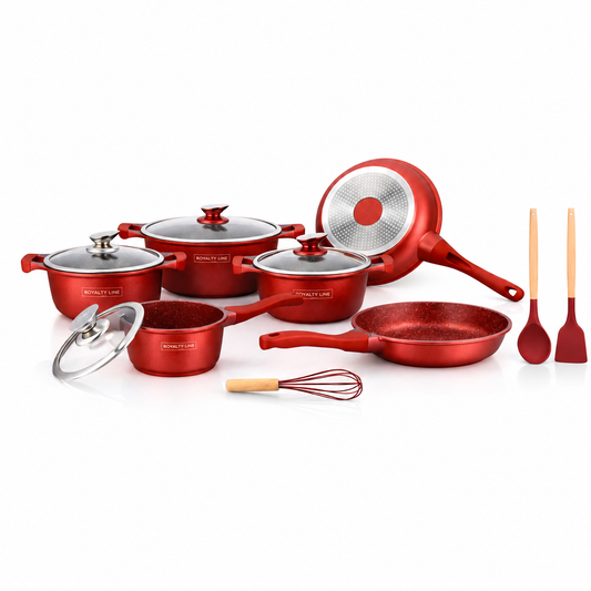 Set Vase de Gatit Royalty Line, 14 Piese, Marmura Antiaderenta, Rosu, Compatibil Inductie