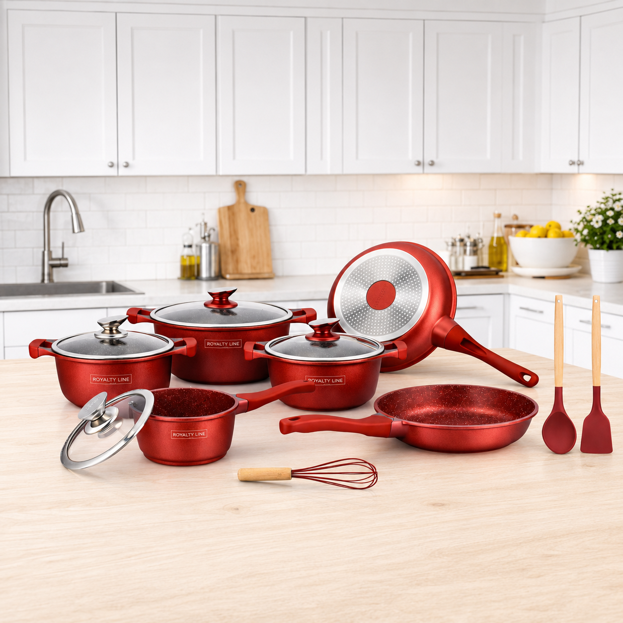 Set Vase de Gatit Royalty Line, 14 Piese, Marmura Antiaderenta, Rosu, Compatibil Inductie