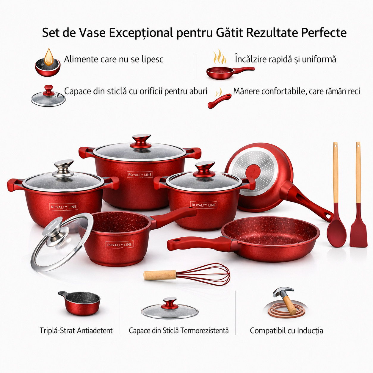 Set Vase de Gatit Royalty Line, 14 Piese, Marmura Antiaderenta, Rosu, Compatibil Inductie
