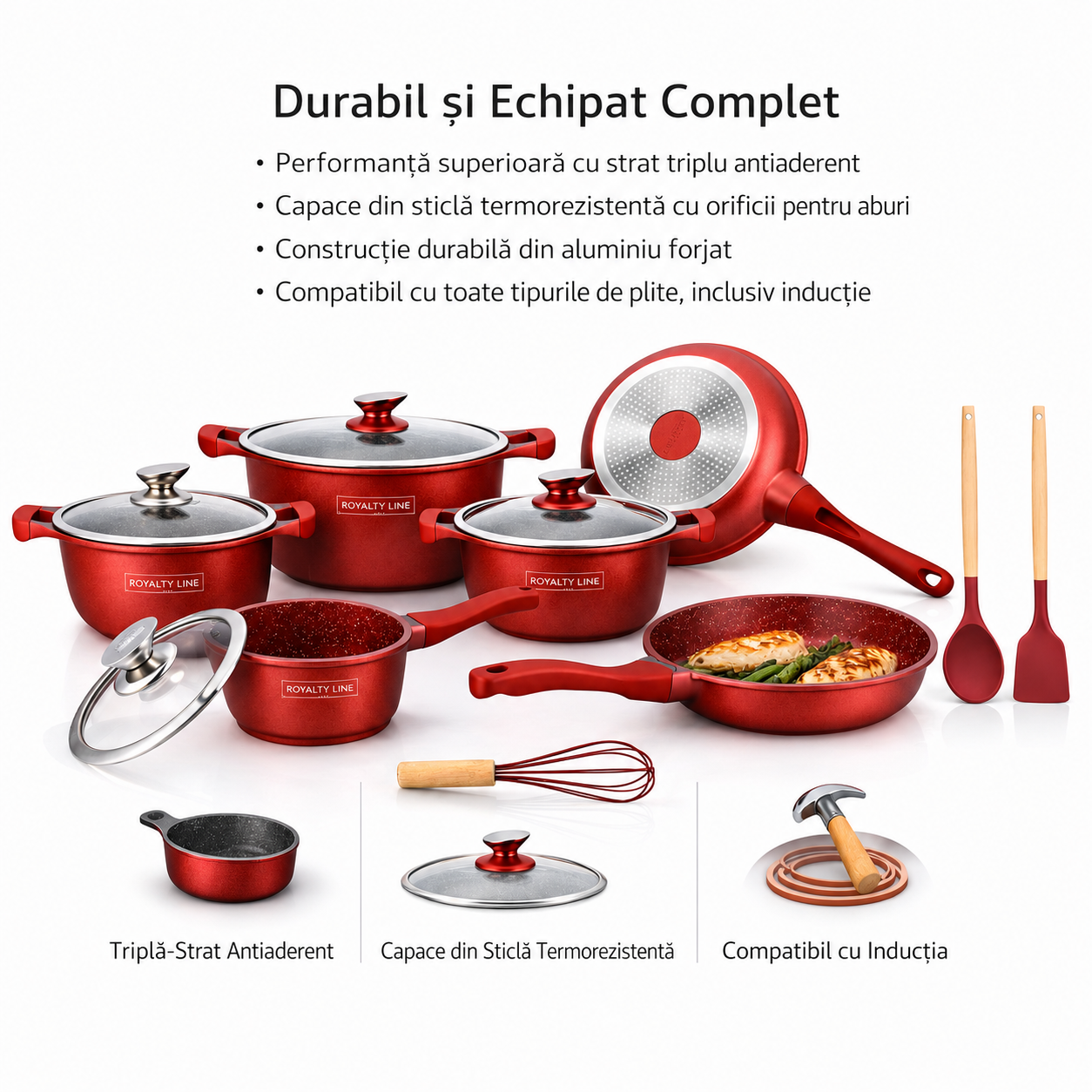 Set Vase de Gatit Royalty Line, 14 Piese, Marmura Antiaderenta, Rosu, Compatibil Inductie