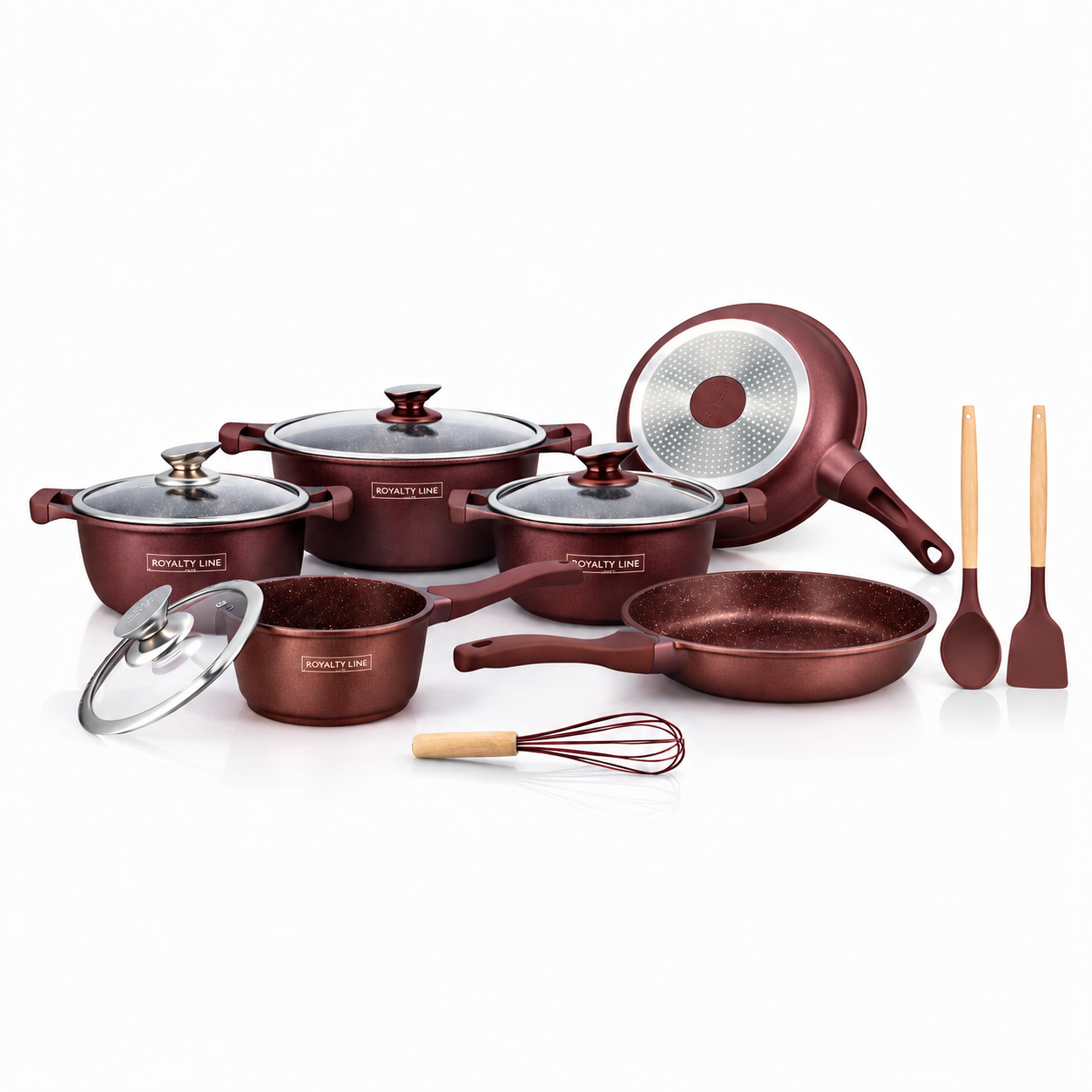Set Vase de Gatit Royalty Line, 14 Piese, Marmura Antiaderenta, Burgundi, Compatibil Inductie